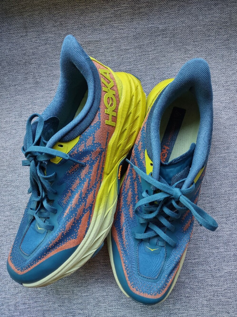 HOKA Speedgoat 5 Men's Trail Running Shoes Blue Orange Yellow Vibram Megagrip 10